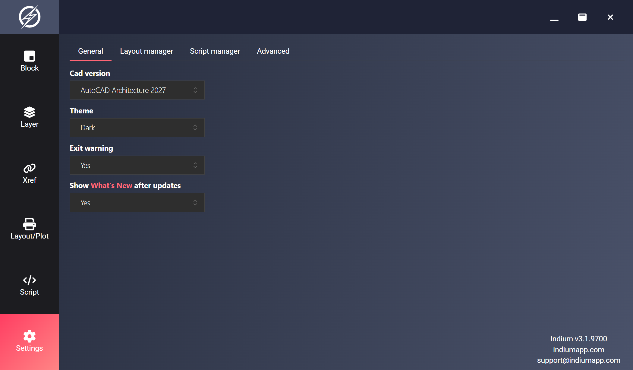 Settings page