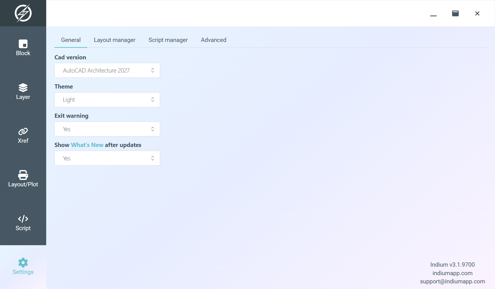 Settings page