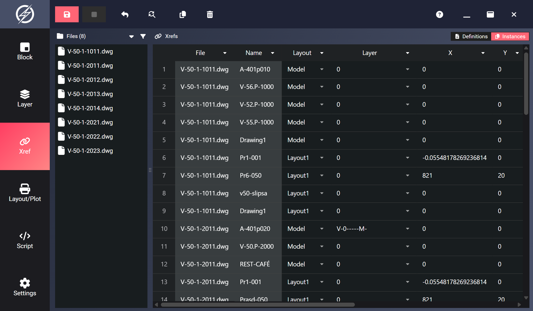 Xref Manager, instances view