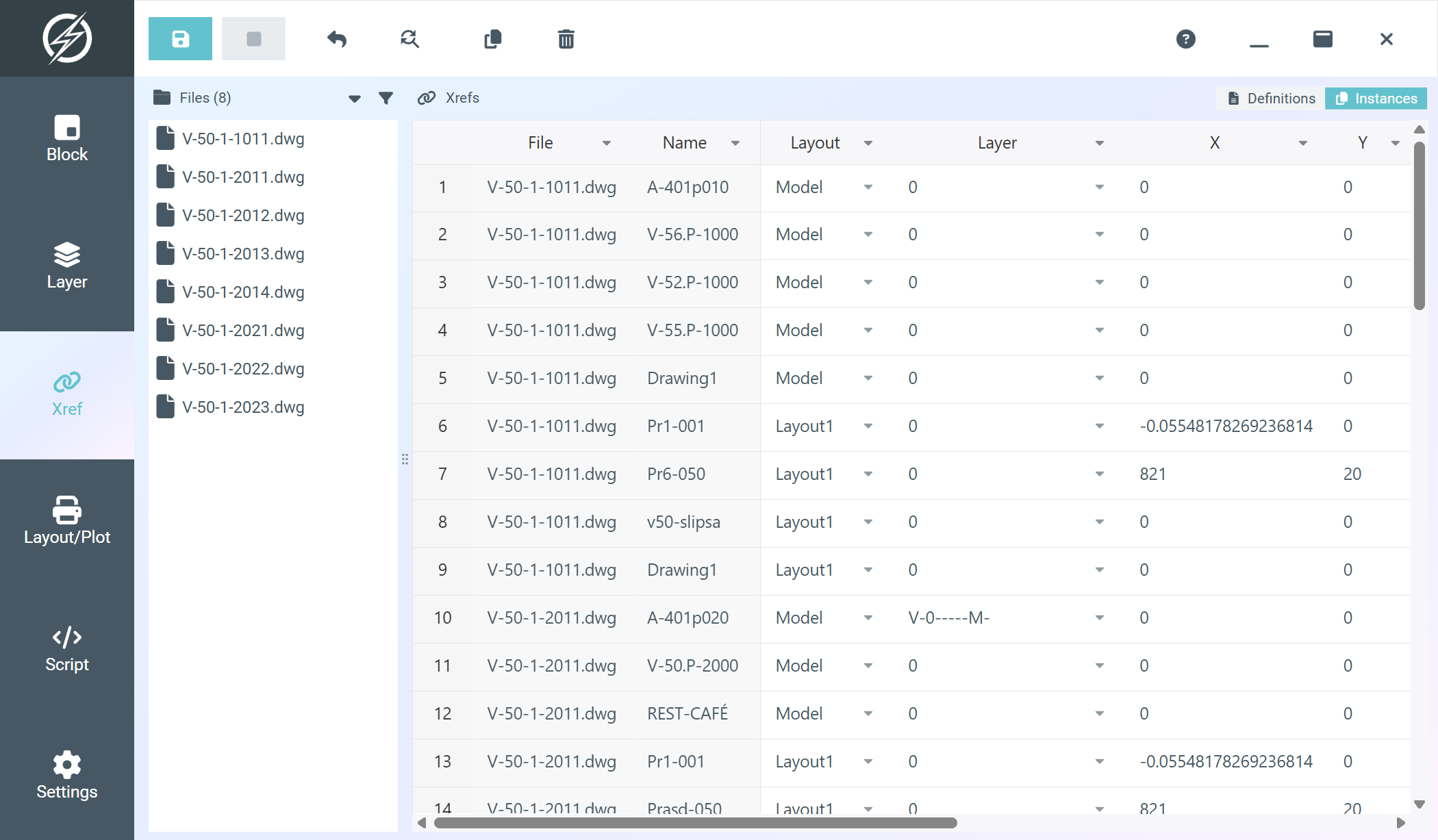 Xref Manager, instances view